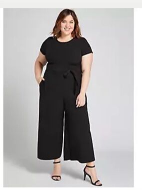 Lane Bryant Plus Size Black Short-Sleeve Wide-Leg Jumpsuit with Waist Tie NWT